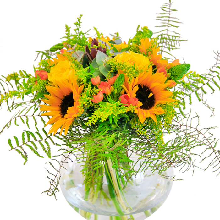 Bathed in a cascade of warm yellow and amber hues, this bouquet makes an unforgettable impact-its dazzling arrangement reminiscent of a sun-drenched walk through Leamouth's greenest spaces. Radiant sunflowers, bold and open-faced with their signature dark brown hearts, anchor the composition, their petals glowing almost as if illuminated by soft evening light glancing across Bow Creek. Nuzzled between them, buttery yellow garden roses unfold petal after petal, lending a plush elegance that feels timeless yet exuberant. Sprays of deep-green foliage stretch outward in airy arcs, punctuated by sparkling clusters of crimson Hypericum berries, their glossy skins standing in delightful contrast against the softer, matte blossoms. Threaded among the leaves, feathery ferns and slender fillers reminiscent of goldenrod bring subtle texture and the lively feeling of wild, riverside meadows. Occasional eucalyptus leaves, tinged with blue, peek shyly from the shadows, their scent fresh and grounding. The bouquet is cradled in a perfectly clear, rounded vase-like a drop of water captured mid-air-showcasing every stem and the vitality within. Closer inspection reveals a delightful interplay of textures: the suede-like surface of sunflower petals, the tightly spiraled roses, the crisp snap of fresh, green stems. The arrangement exudes a light, inviting fragrance that conjures memories of open fields and Leamouth gardens in full bloom. Ideal for birthdays, heartfelt congratulations, or any occasion deserving radiant joy, this arrangement celebrates local artistry and the uplifting spirit found along the waterways of Leamouth.