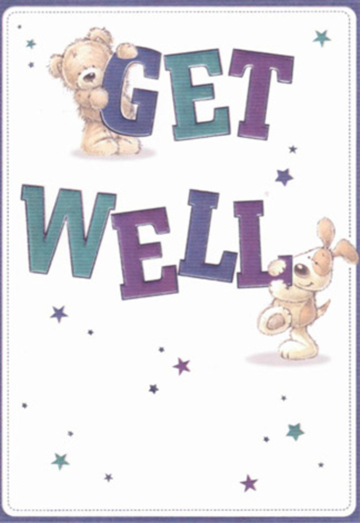 This enchanting get well card, so full of charm and warmth, would feel at home in any Leamouth living room or by a hospital bedside near East India Dock. It's illustrated with a friendly bear and a playful puppy, their charming faces radiating comfort as they share in a gentle exchange of encouragement. Wisps of fur, shaded in soft caramels and golden browns, contrast beautifully with the bright, plush purple and teal of the hand-lettered 'Get Well' message. Dancing around the characters, whimsical stars in gradations of blue and lavender offer the suggestion of good wishes floating upward-much like the scent of fresh freesias from a bouquet crafted at our local Leamouth shop. The backdrop's crisp cleanliness delivers a sense of peace and renewal, the perfect canvas for this lively tableau. The typography's boldness grounds the composition, forming a visual anchor just as a vase anchors a floral display. One can almost sense the soft fabrics and inviting warmth, bringing to mind the tactile joy of a new arrangement delivered along Orchard Place. This card, like the bouquets we design for neighbours and friends in Leamouth, brings together innocence, healing, and positive energy-making it a thoughtful companion to every heartfelt wish for recovery.