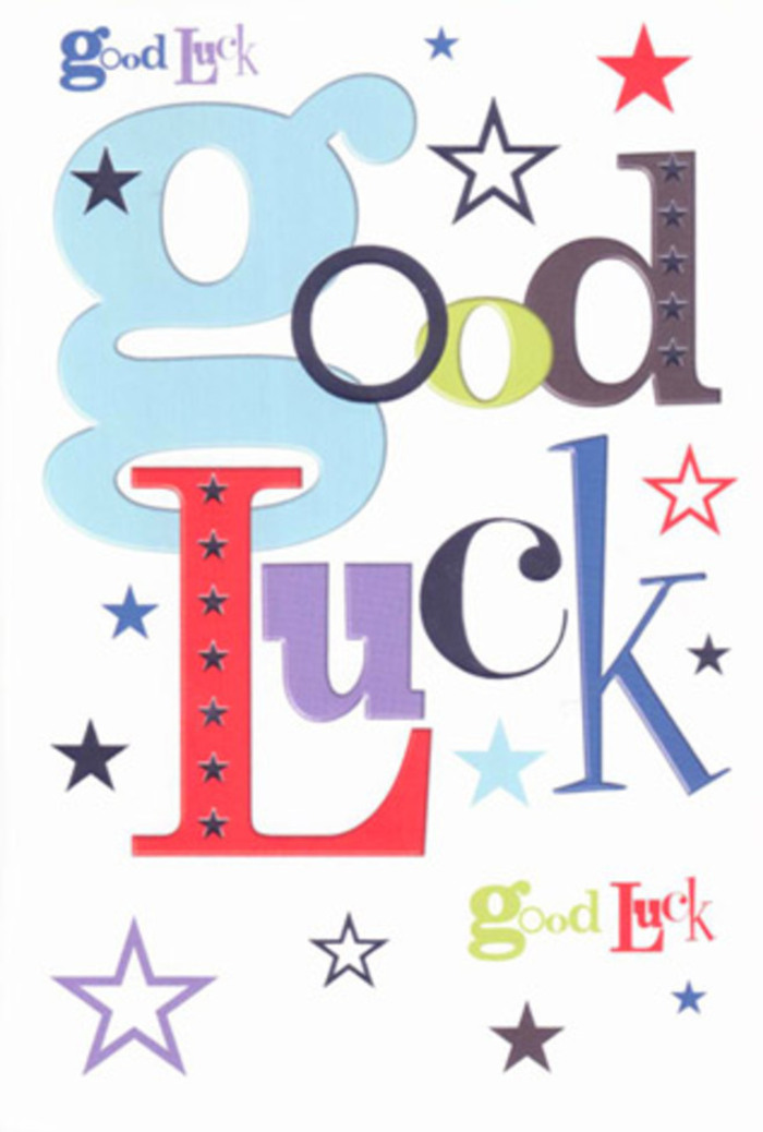 In this image, a vibrant and uplifting good luck card rests against a clean white setting, its design echoing the energy of a bright morning walk through Leamouth with fresh coffee and river air. The main focus is the phrase "Good Luck," printed large across the centre in a joyful medley of fonts and colours that feel almost hand-painted. The initial "g" is a generous, looping baby-blue letter, pleasantly oversized and slightly whimsical, followed by characters in crisp black, jubilant red, earthy moss green, and velvety purple. Each letter has its own personality-some tall and narrow, others broad and rounded-yet they sit together harmoniously, like a mixed arrangement where every flower has space to shine. Surrounding the phrase are scattered stars in a variety of tones and dimensions, tumbling across the white card like playful sparkles. Deep navy and inky indigo stars anchor the composition, while smaller shapes in sky-blue, lilac, lavender, and pale teal add gentle pops of brightness, reminiscent of city lights reflecting on the water near the Leamouth Peninsula at dusk. The white background is clean and expansive, amplifying the colour contrast and enhancing the sense of fresh possibility. Though you can't feel it through the image, the card looks as if it's printed on smooth, good-weight cardstock, the kind that feels satisfying and cool when you run your fingers along its surface. Emotionally, the card carries the same spirit as handing someone a carefully chosen bouquet before an exam, interview, or new adventure-warm, encouraging, and quietly proud. It's easy to imagine this card being tucked into a gift bag or propped beside a modest vase of blooms on a kitchen table in Leamouth, where every glance returns a little spark of courage and hope.