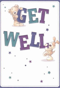 A delightful get well card, reminiscent of the cheerful spirit found within Leamouth's riverside community, comes to life with an endearing scene: a plush teddy bear perched joyfully atop the bold 'GET,' while a floppy-eared puppy nestles contentedly near the bottom of the vibrant 'WELL.' Both characters, lovingly illustrated with subtle textures in their fur, extend an aura of warmth and friendship, recalling the quiet comfort of a gentle stroll past Trinity Buoy Wharf on an overcast afternoon. The background radiates a sense of pristine clarity, the crisp white playing host to scattered, twinkling stars rendered in soothing shades of indigo, violet, and teal. These bursts of colour create a subtle, hopeful energy-much like the first signs of spring blossoms peeking through at Leamouth Park. The playful typography leaps forth with a tactile vibrancy, echoing the energy and care behind every hand-tied arrangement at Florist Leamouth. The entire composition is meticulously balanced, each brushstroke exuding empathy and optimism. In much the same way we assemble a bouquet meant to comfort and delight a neighbour in recovery, so too does this card offer a dose of cheerfulness and genuine connection. It beckons the recipient to feel cherished and cared for, carrying the essence of Leamouth's supportive spirit-an ideal pairing with a bouquet sent for same-day delivery across this vibrant East London enclave.
