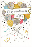 This congratulations card is like a small celebration captured on paper, the sort of design that would sit beautifully beside a fresh arrangement on a Leamouth windowsill. A cluster of balloons rises from the lower half of the card, overlapping in a soft, cloud-like formation. Their tones are gentle yet festive: pale gold, cool silver, champagne beige, sky blue, blush pink, and light grey, all shaded to look rounded and softly reflective, as if made from real foil. Each balloon wears its own decorative pattern-minute stars scattered like night-time sparkles, thin horizontal stripes, and scattered dots that resemble fairy-light reflections. Fine, curling ribbons in metallic gold and silver trail from the balloons, looping and meandering across the design. Around them, tiny stars and whimsical swirls drift on a pale, almost ivory background, creating the impression of confetti suspended mid-air, the moment just after someone has shouted "well done!" In the middle of this floating scene, a curved banner stretches gracefully, carrying the words "Congratulations To You" in smart, flowing script that feels both personal and suitably formal. The card does not shout; instead, it gives a calm, glowing sense of achievement-perfect for marking exam success, a promotion, or a new chapter in life. Imagined alongside a bouquet prepared by a local Leamouth florist, the card adds that final, thoughtful touch, turning a simple gesture into a memorable keepsake for the person whose efforts you're so proud to celebrate.